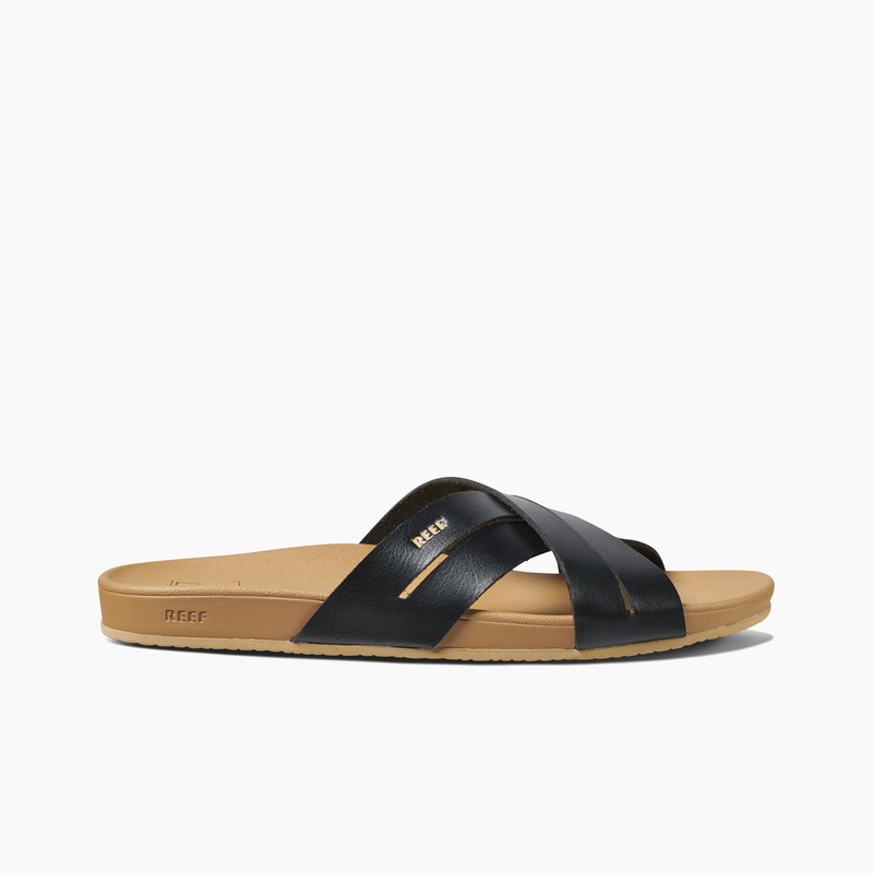 Black / Brown Women's Reef Cushion Spring Bloom Slides | fbOJnsMa1Mn