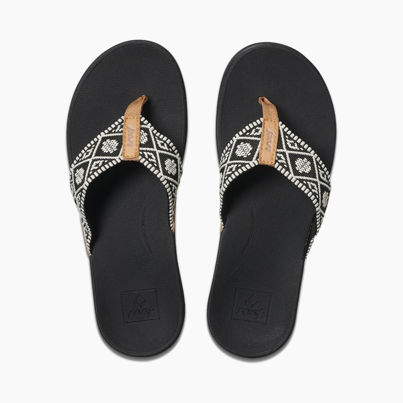 Black / White Women\'s Reef Ortho Woven Flip Flops | Pjpm5G1Nis5