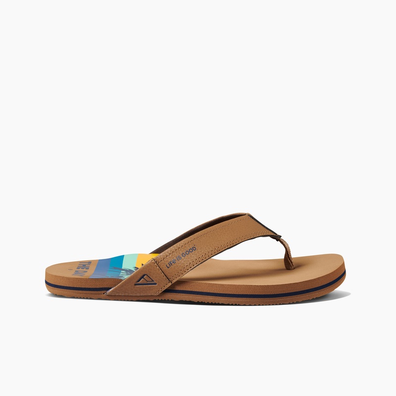 Blue Brown Men's Reef Newport X Life Is Good Flip Flops | 38EOOETFZtm